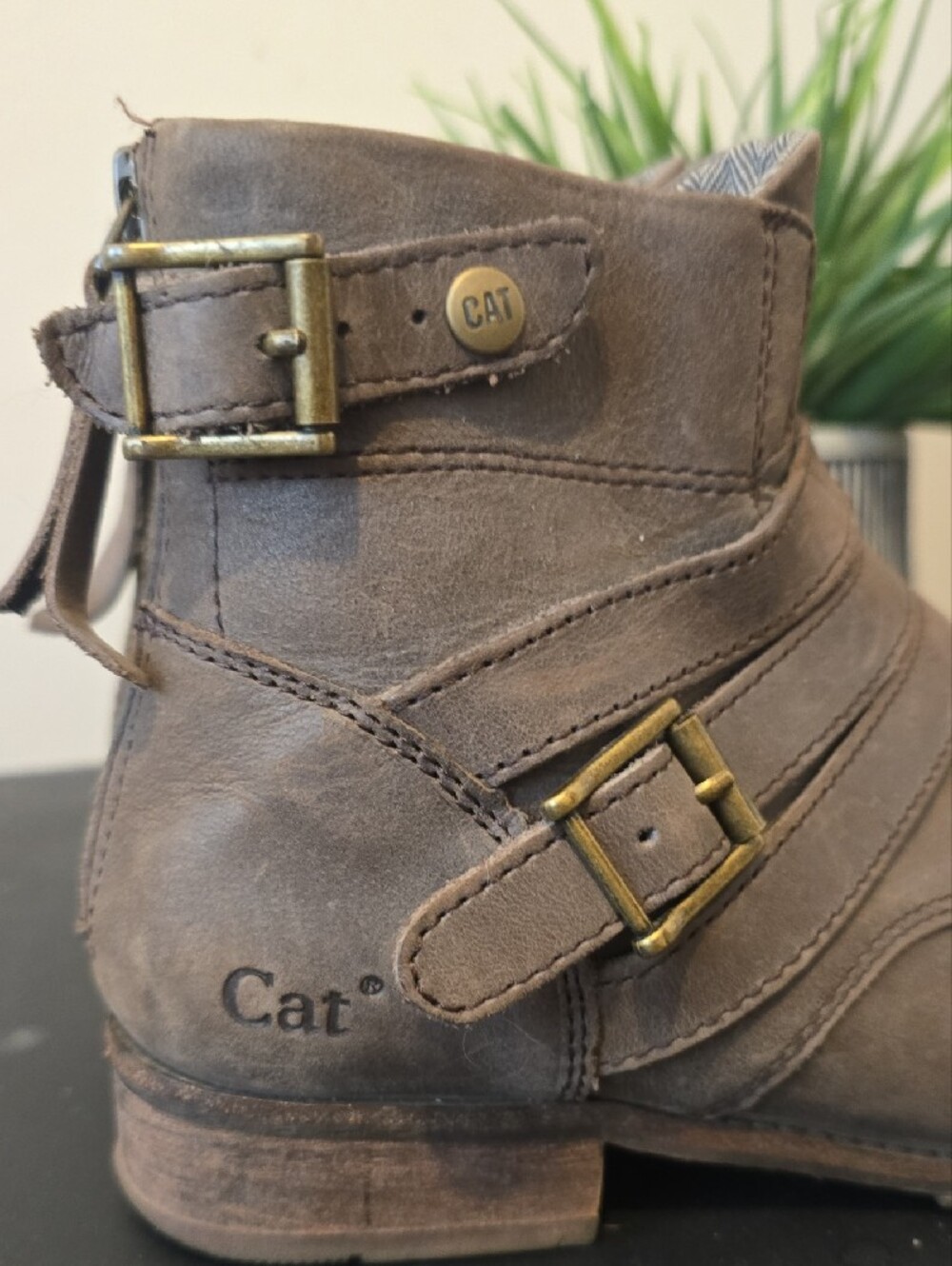 Caterpillar Brown Ankle Booties with Rear Zipper and Buckle 6.5